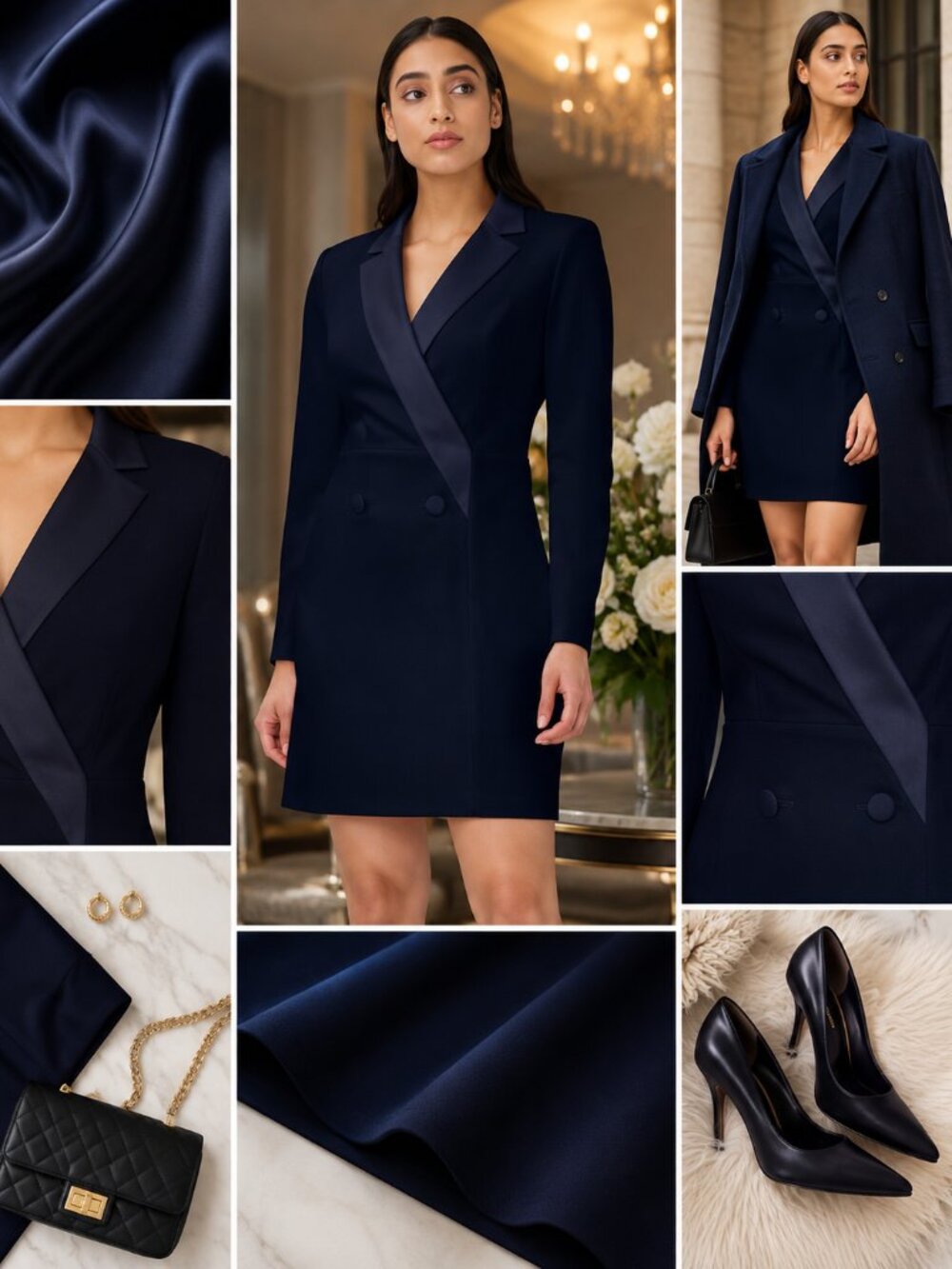 Adrianna Papell Navy Satin-Trim Double-Breasted Blazer Mini Dress